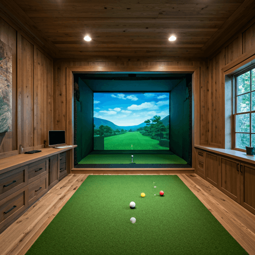 Traditional wood-paneled study with golf simulator