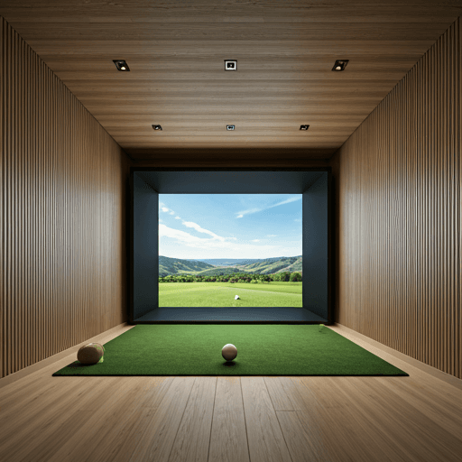Ultra-luxury home golf simulator room with wood paneling