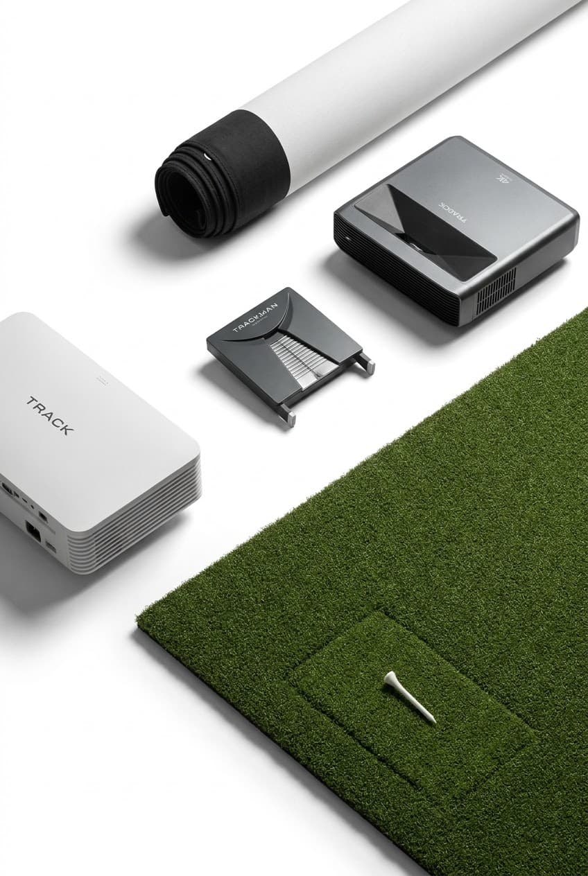 Full simulator package — a complete golf simulator setup including screen and projector
